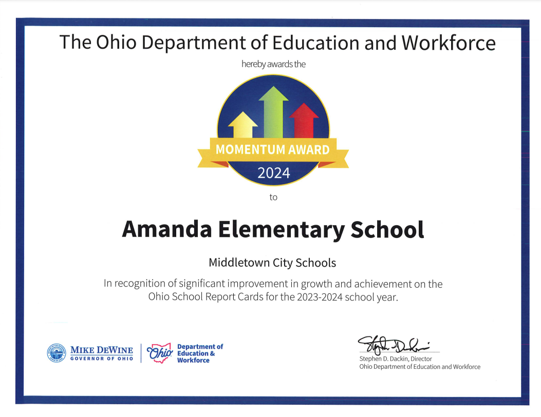 Certificate of the 2024 Momentum Award presented to Amanda Elementary